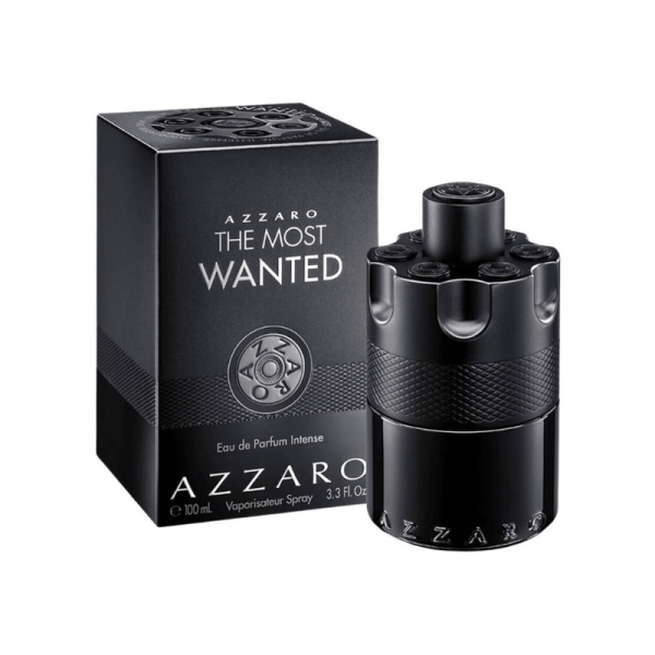 The Azzaro The Most Wanted Eau de Parfum Intense for men, with its black bottle and matching box, displayed on a white background. The box features the fragrance name in large silver letters.