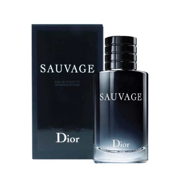 A close-up shot of a bottle of Christian Dior Sauvage Eau de Toilette and a box. The glass bottle has a light blue-to-dark blue gradient and the fragrance name "SAUVAGE EAU DE TOILETTE" is in white text on the front and a box is dark black with white font.