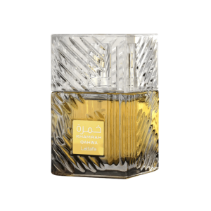 A clear, textured glass bottle of Lattafa Khamrah Qahwa perfume filled with golden liquid and a square gold label.