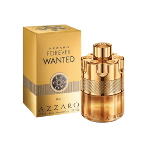 A high-resolution product shot of the Azzaro Forever Wanted Elixir fragrance. The image features both the golden box and the unique, gold-toned bottle with its distinct revolver cylinder-shaped cap.