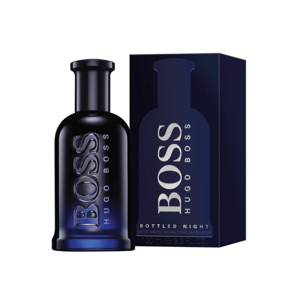 A dark blue, 100ml bottle of Hugo Boss Bottled Night Eau de Toilette stands next to its matching rectangular box. The bottle has a black cap and the 'BOSS' logo is embossed in silver on the front. The box is the same dark blue, featuring a silhouette of the bottle and the product name in white text below it.