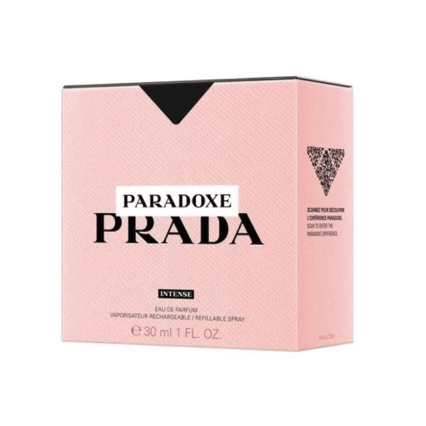 The pink and black box for Prada Paradoxe Intense perfume.