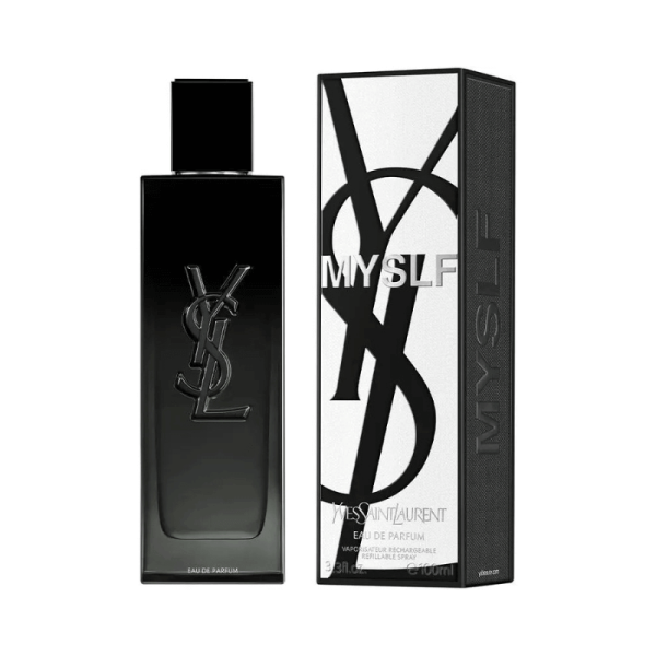 The Yves Saint Laurent Myslf perfume bottle next to its black and white box.