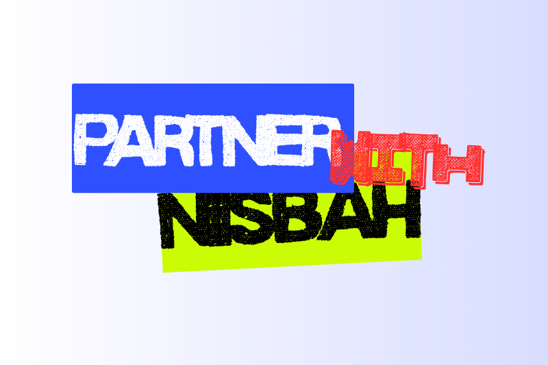 text "partner with nisbah" on a blue gradient background