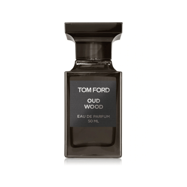 Tom Ford Oud Wood Eau de Parfum 50ml bottle in a sleek dark glass design with silver text on the label, displayed on a white background.
