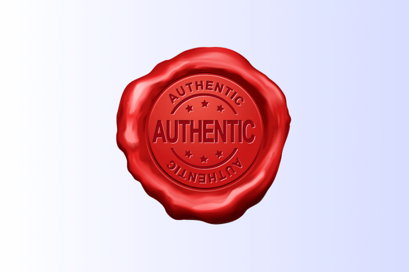 A realistic 3D-style red wax seal stamp with the word “AUTHENTIC” embossed in the center, surrounded by stars and the word “AUTHENTIC” repeated around the edge, set against a soft gradient blue background.