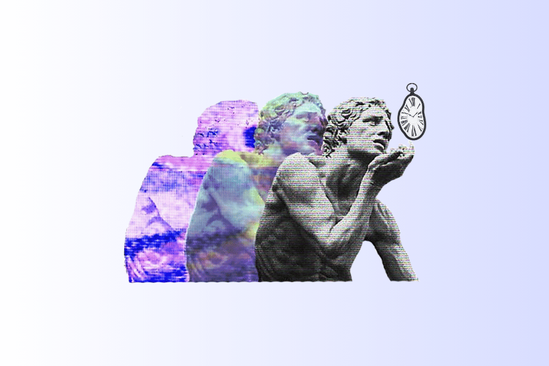 A digital collage featuring a grayscale classical statue of a man blowing toward a floating pocket watch, symbolizing the passage of time. Behind him are two colorful, translucent duplicates in purple and green hues, creating a layered, dreamlike effect on a gradient light-blue background.