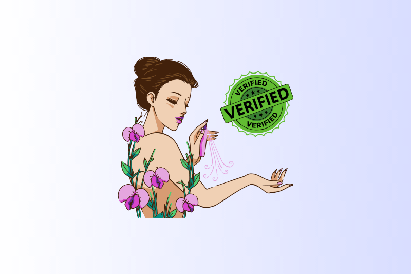Illustration of a woman spraying perfume from a pink bottle onto her wrist, with a green "VERIFIED" stamp next to her.